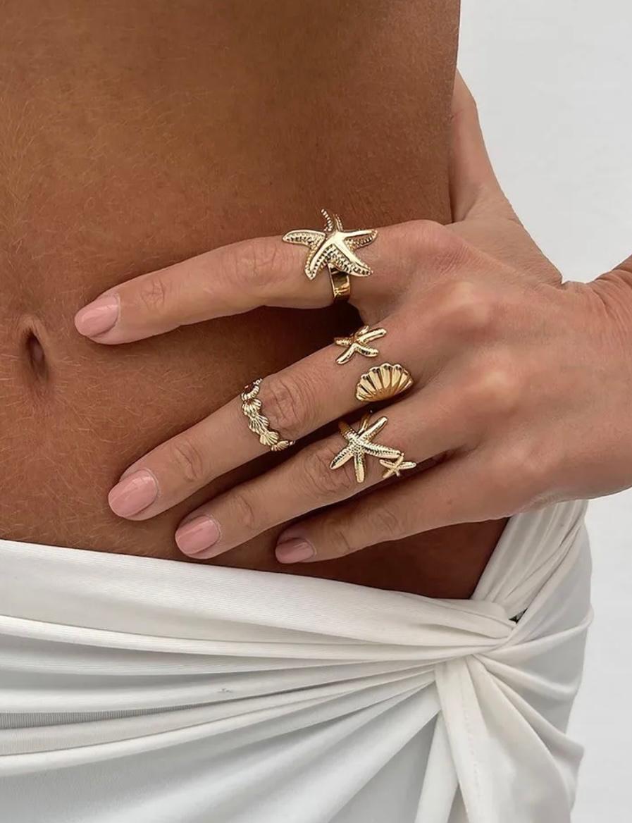 Starfish and shells themed ring set of 4