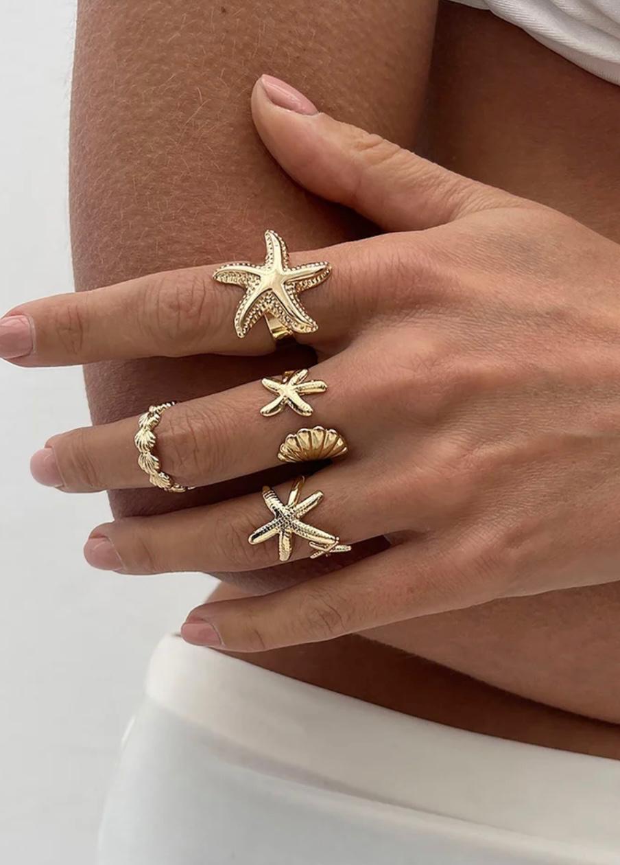 Starfish and shells themed ring set of 4