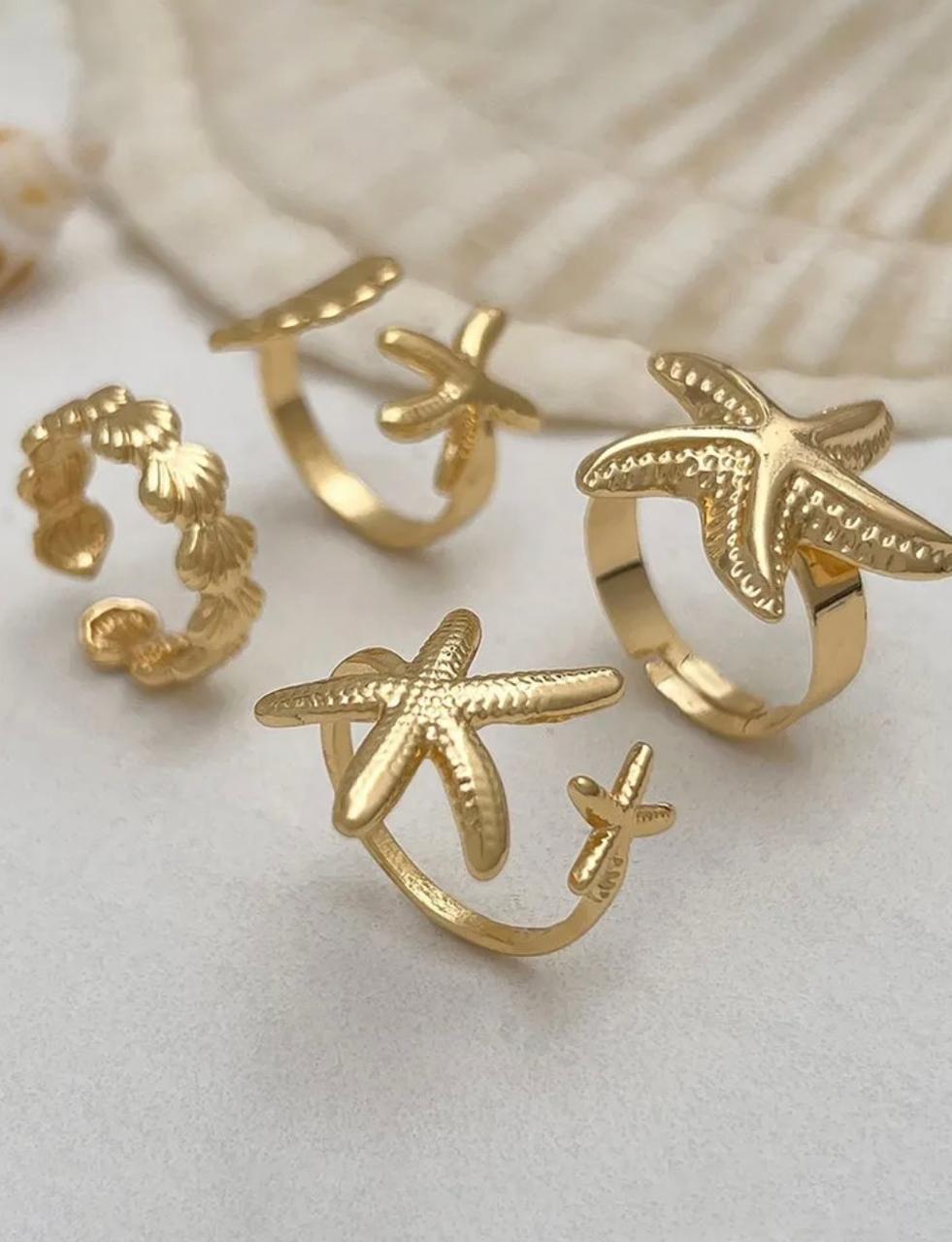 Starfish and shells themed ring set of 4
