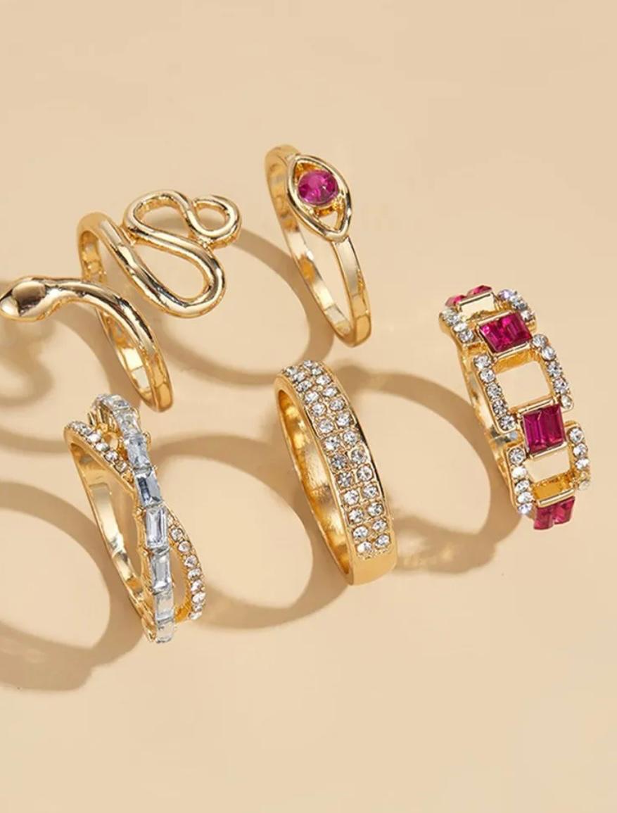 Rhinestone Pink ring set of 5