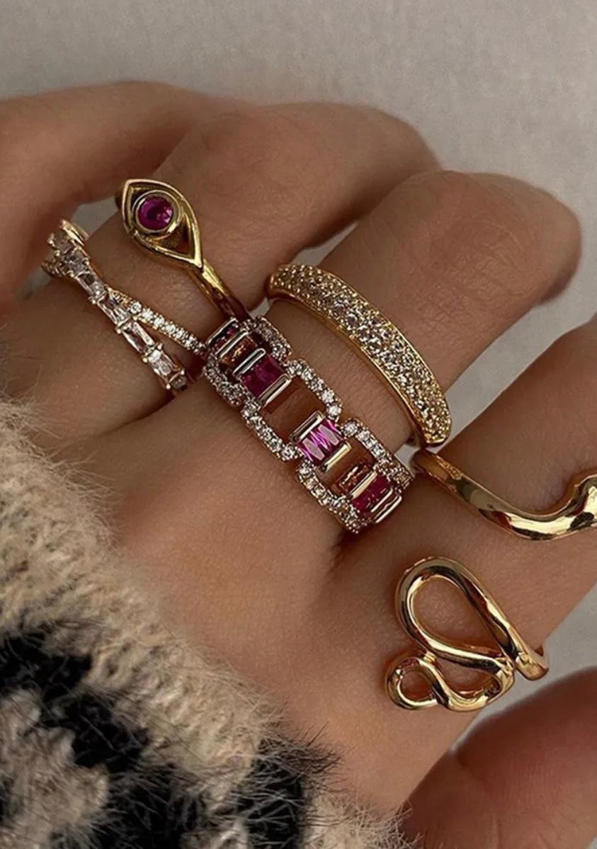 Rhinestone Pink ring set of 5