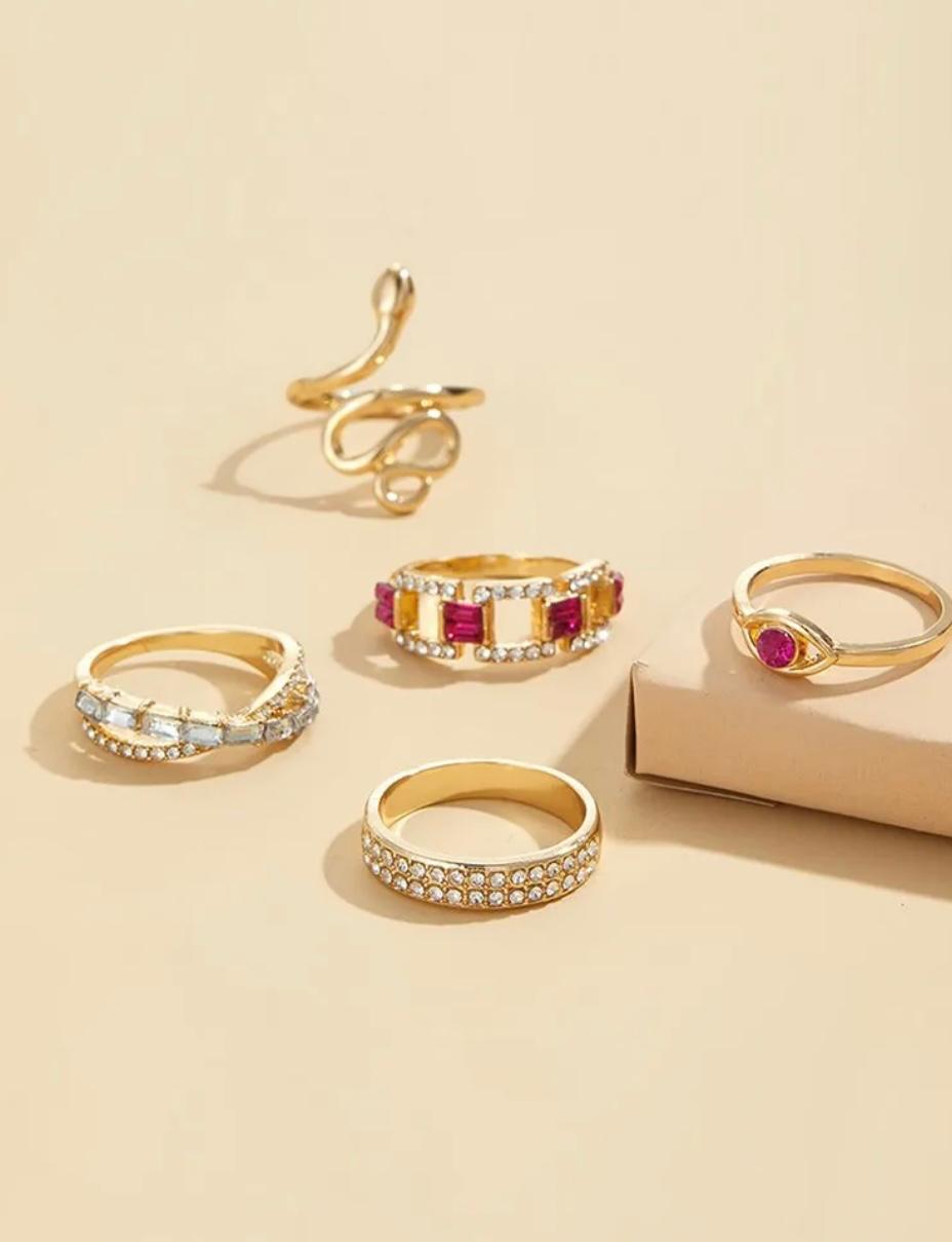 Rhinestone Pink ring set of 5