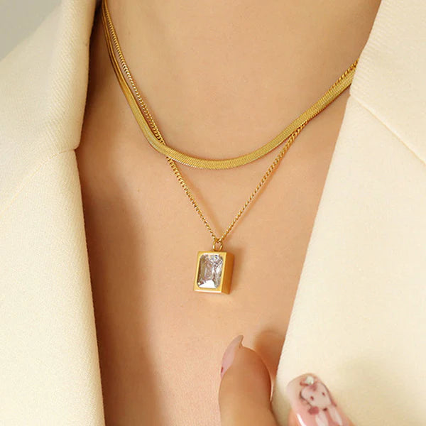 White Emerald Geometric Layered Necklace