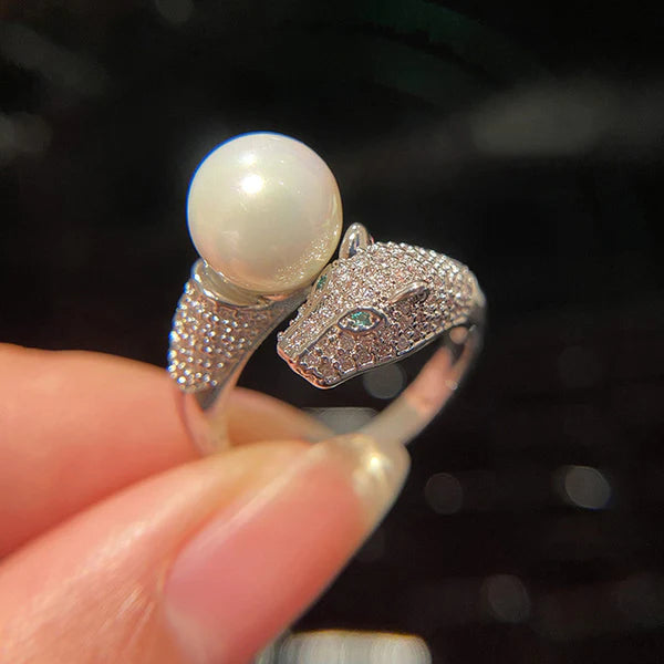 Pearl Studded Silver Jaguar Finger Ring