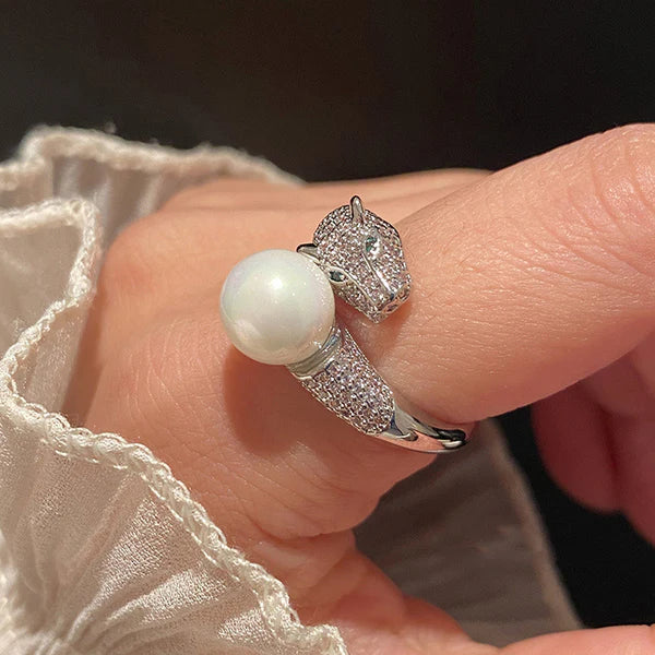 Pearl Studded Silver Jaguar Finger Ring