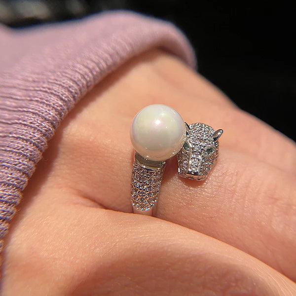Pearl Studded Silver Jaguar Finger Ring