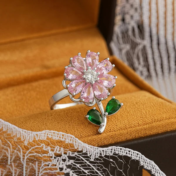 Pink Flower Rotatable Adjustable Ring