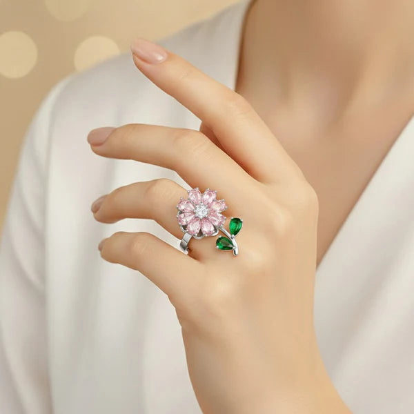 Pink Flower Rotatable Adjustable Ring