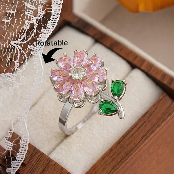 Pink Flower Rotatable Adjustable Ring