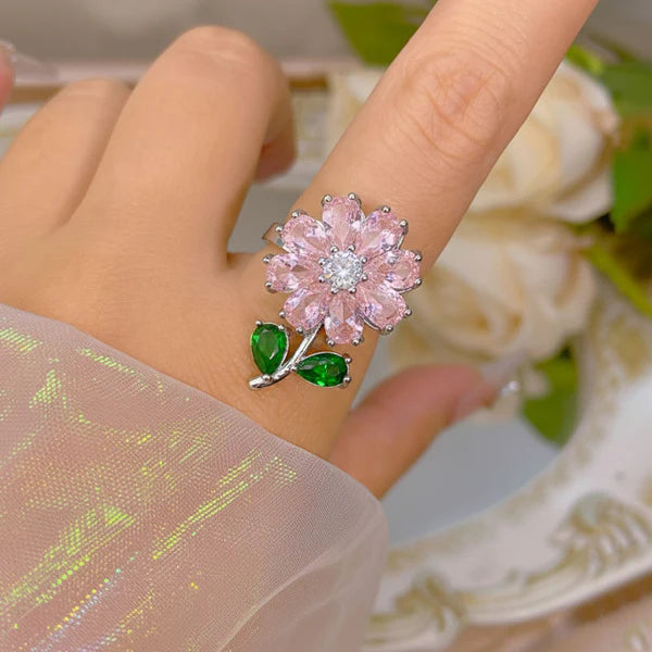 Pink Flower Rotatable Adjustable Ring