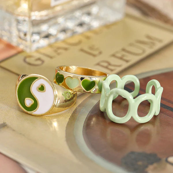 Gold Plated Green Rings Set